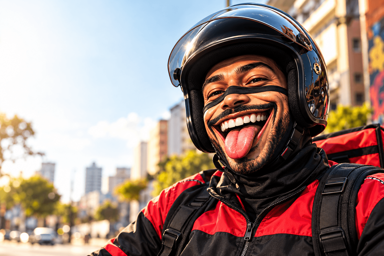 Motoboy usando capacete aberto e máscara iFace caricata