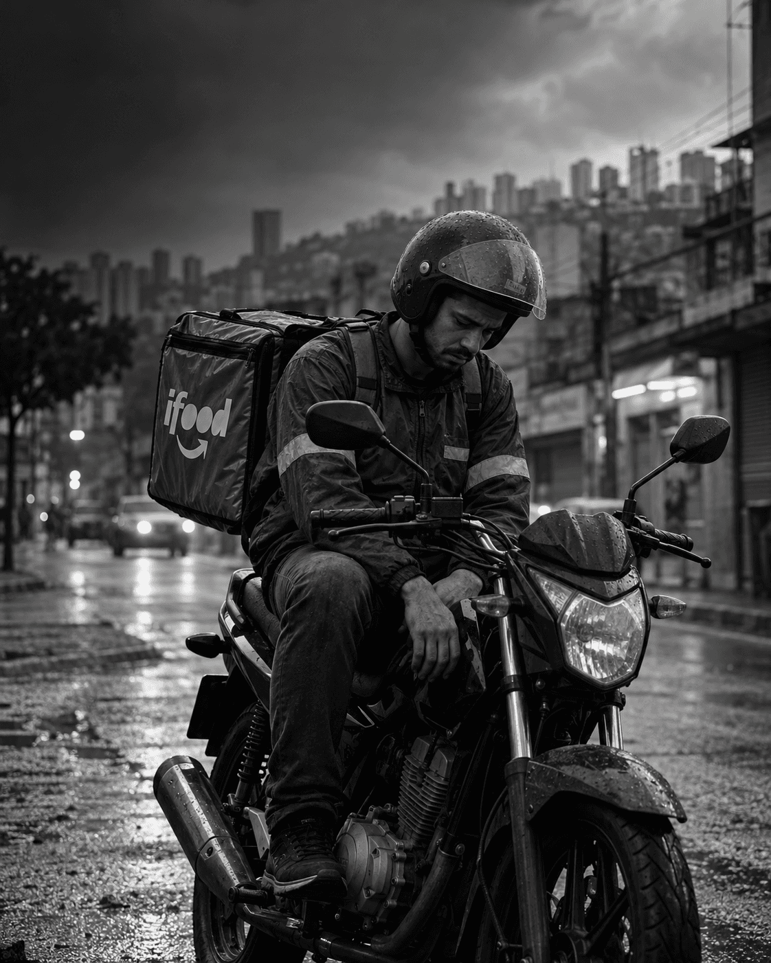 Entregador cabisbaixo sobre a moto, em preto e branco, sem iFace